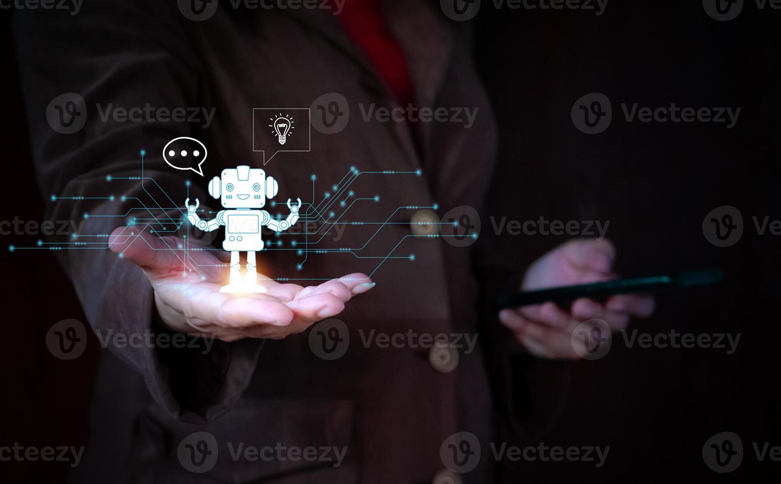 chatGPT, Businessman hand holding a robot hologram with social media icons. conversationa AI. photo