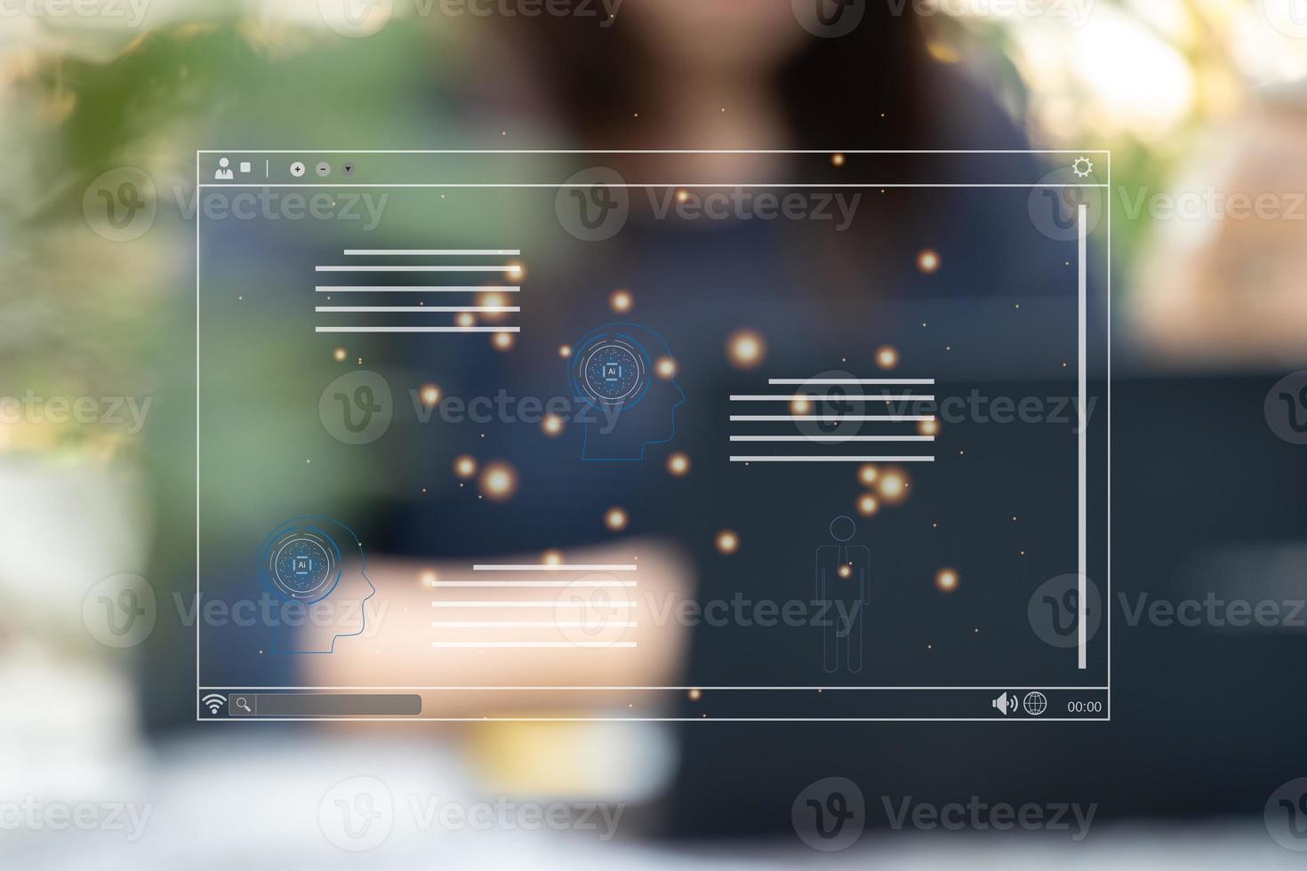 Woman working chat with AI on computer with virtual screen. Business and technology concept. photo