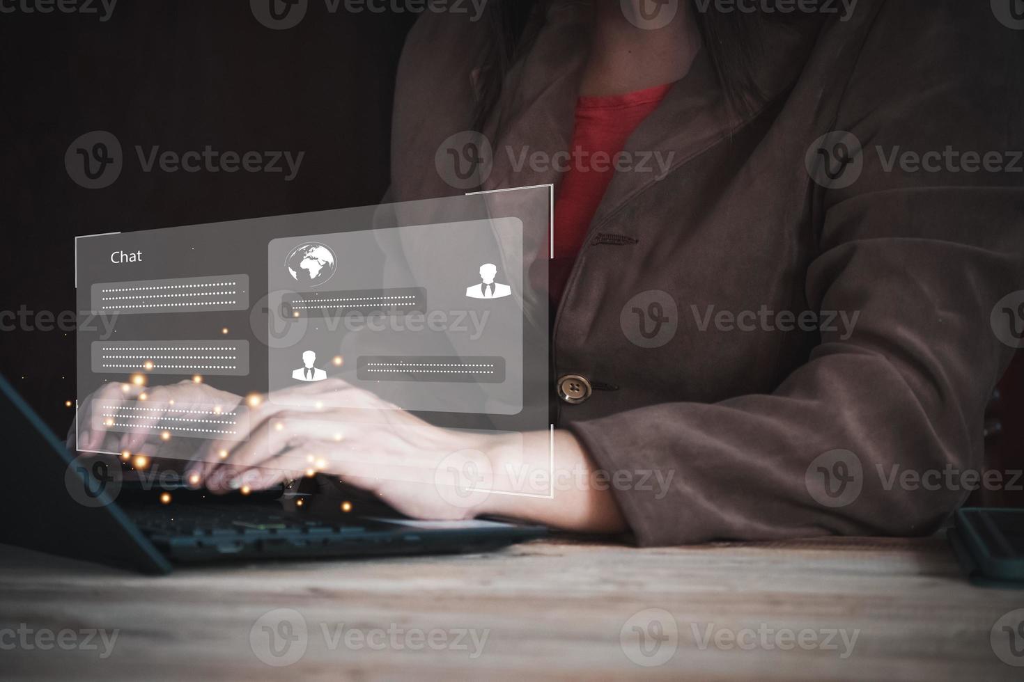 Businesswoman using  technology smart robot Ai, futuristic technology transformation, artificial intelligence by enter command prompt for generates something. chat with Ai. photo