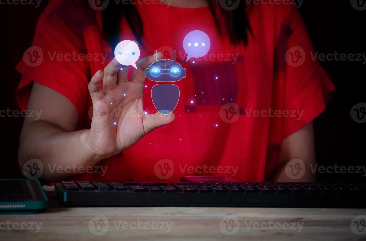 chatGPT, Hand touching digital chatbot for provide access to information and data in online network, robot application and global connection, conversation AI, business in online network. photo