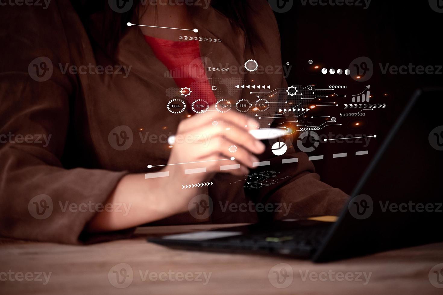 Businesswoman using computor with digital business interface on screen. digital transformation change management, new technology bigdata and business process strategy. photo