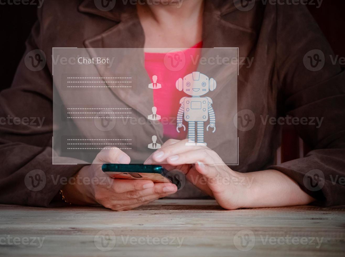 Businesswoman using  technology smart robot Ai, futuristic technology transformation, artificial intelligence by enter command prompt for generates something. chat with Ai. photo