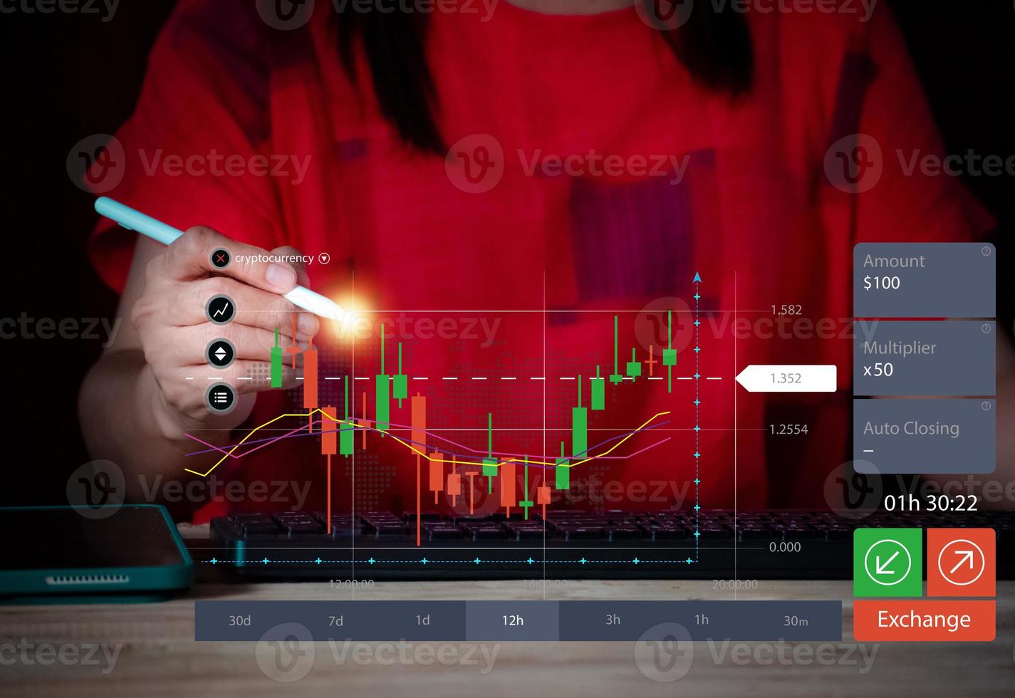 Business woman working on laptop computer, stock market graph, business concept, with virtual increasing technical graph for trader analysis. Stock, Cryptocurrency chart trader, trading, investment. photo
