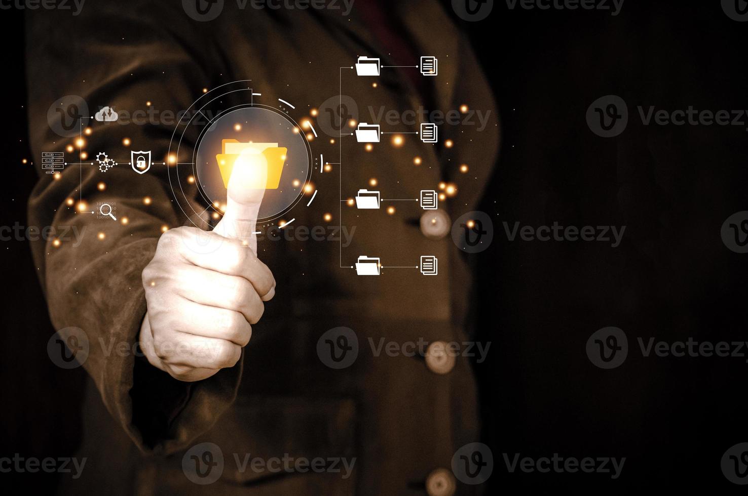 Businessman pressing virtual button on a touch screen. Document Management System. photo