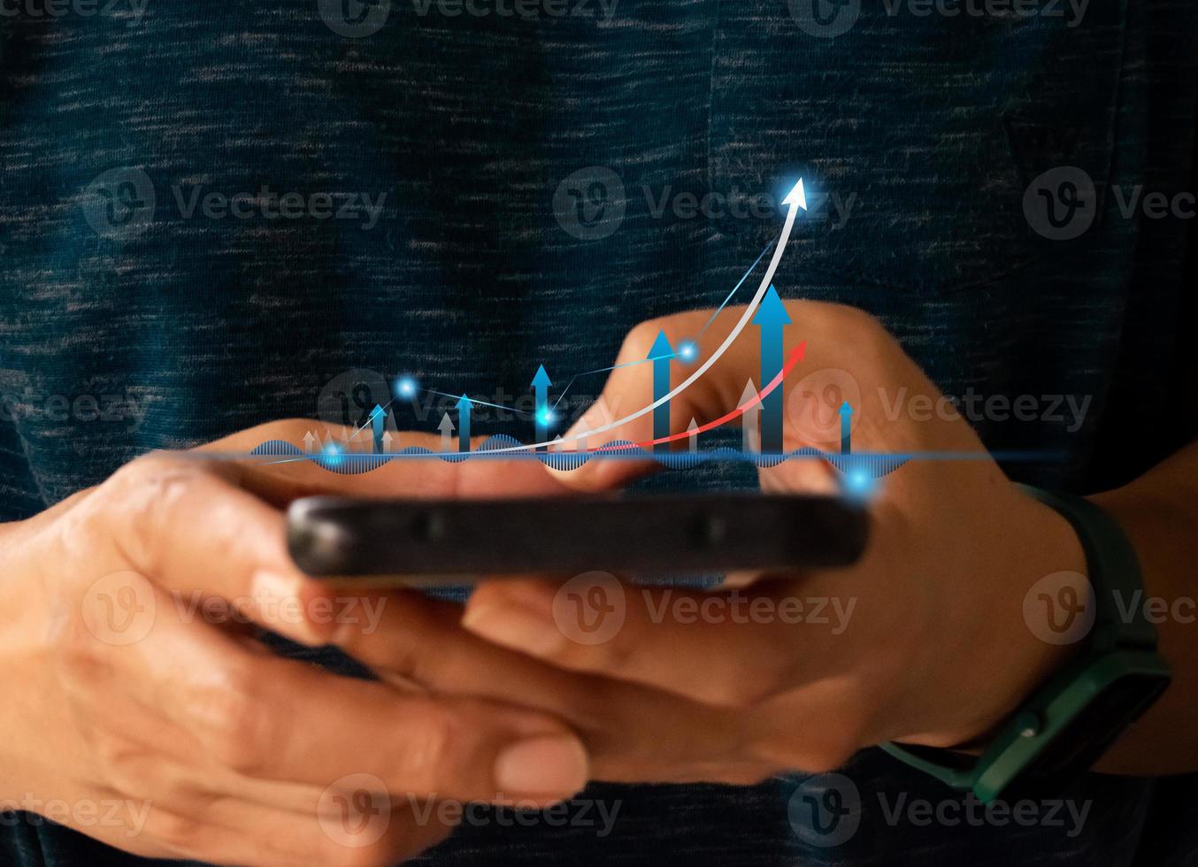 Startup concept with icon business and network connection on modern virtual interface from digital tablet. woman touching on mobile. photo