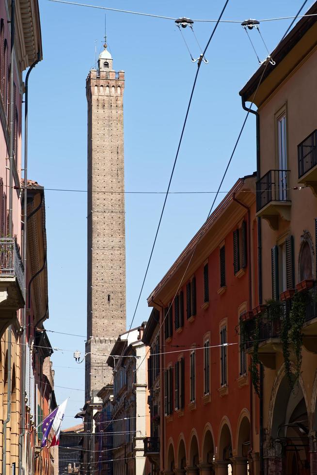 Bologna, Italy, June 2, 2022 Famous Italian medieval tower of Asinelli. Torre degli Asinelli. photo