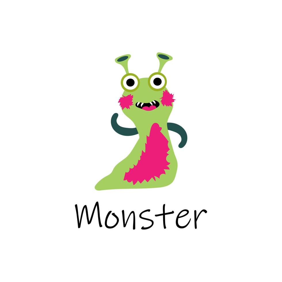 Cute green cartoon monster with red cheeks. Kind monster with sharp teeth. Green crawling alien. Fly-style monster with a white isolated background. Illustration for children's textiles. vector