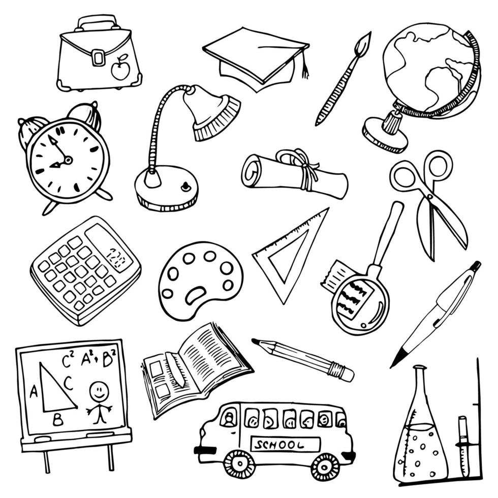 resumido colegio accesorios recopilación. dibujo colegio suministros. vector