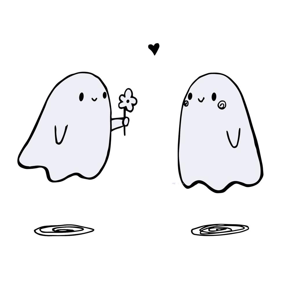 Cartoon of a ghost giving a flower to another ghost. vector