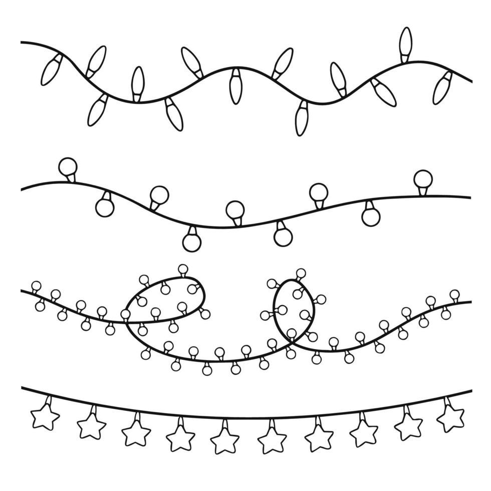 Sketches of garlands. Line drawing of lights and stars. vector