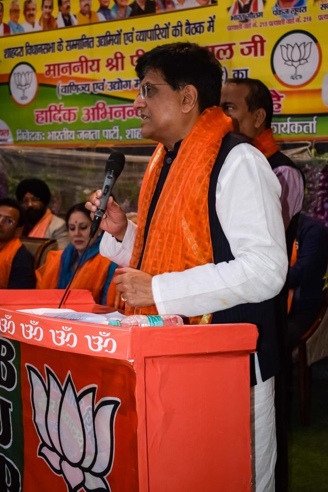 New Delhi, India - March 27 2023 - Piyush Goyal Cabinet Minister and core member of Bharatiya Janata Party - BJP during a rally in support of BJP candidate ahead of MCD local body Elections 2022 photo