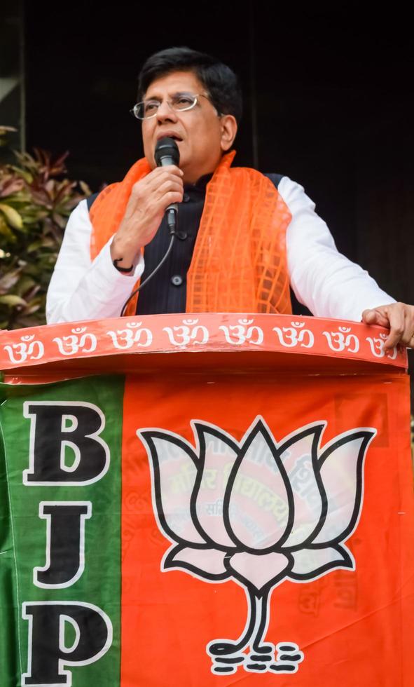 New Delhi, India - March 27 2023 - Piyush Goyal Cabinet Minister and core member of Bharatiya Janata Party - BJP during a rally in support of BJP candidate ahead of MCD local body Elections 2022 photo