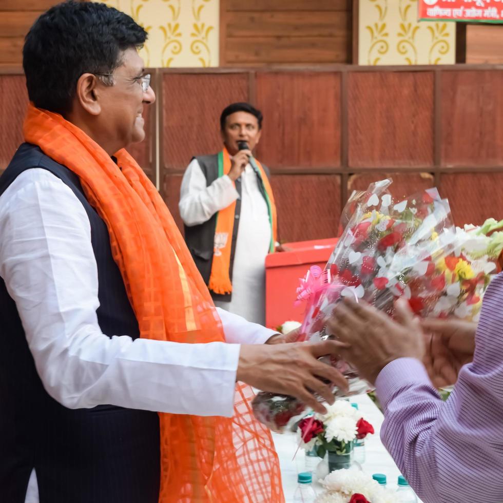 New Delhi, India - March 27 2023 - Piyush Goyal Cabinet Minister and core member of Bharatiya Janata Party - BJP during a rally in support of BJP candidate ahead of MCD local body Elections 2022 photo