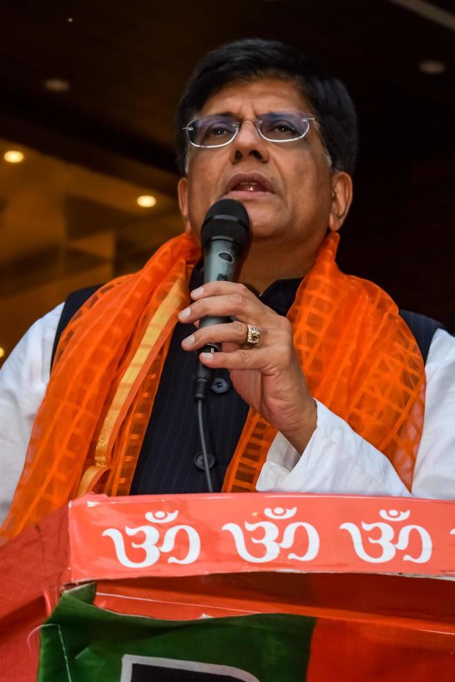 New Delhi, India - March 27 2023 - Piyush Goyal Cabinet Minister and core member of Bharatiya Janata Party - BJP during a rally in support of BJP candidate ahead of MCD local body Elections 2022 photo
