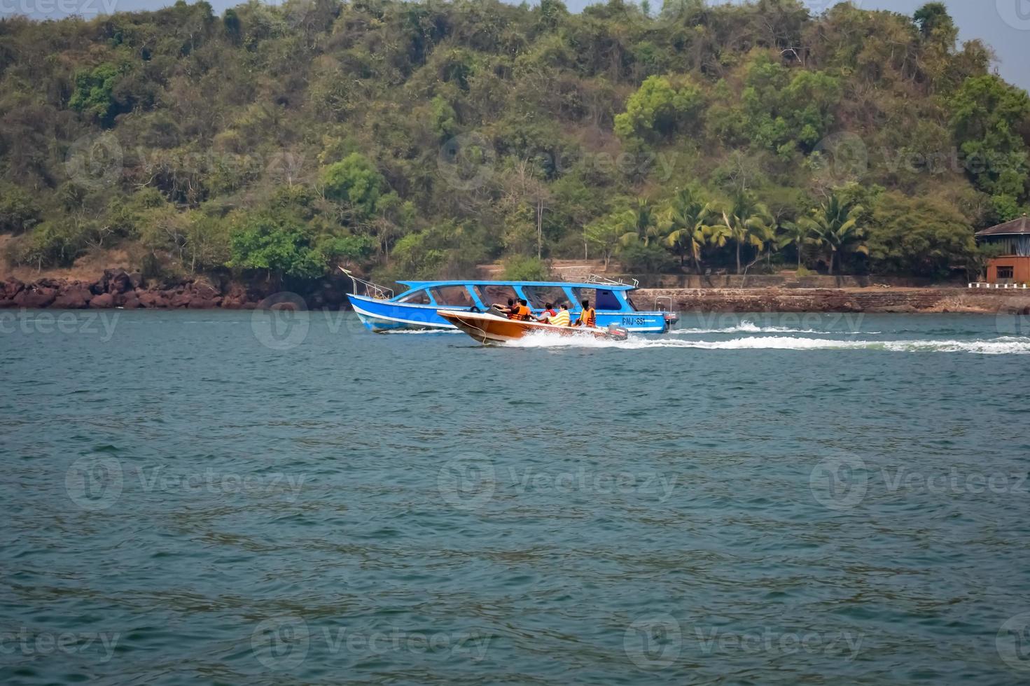 Amazing view of Arabian sea during the day time in Goa, India, Ocean view from wooden boat photo