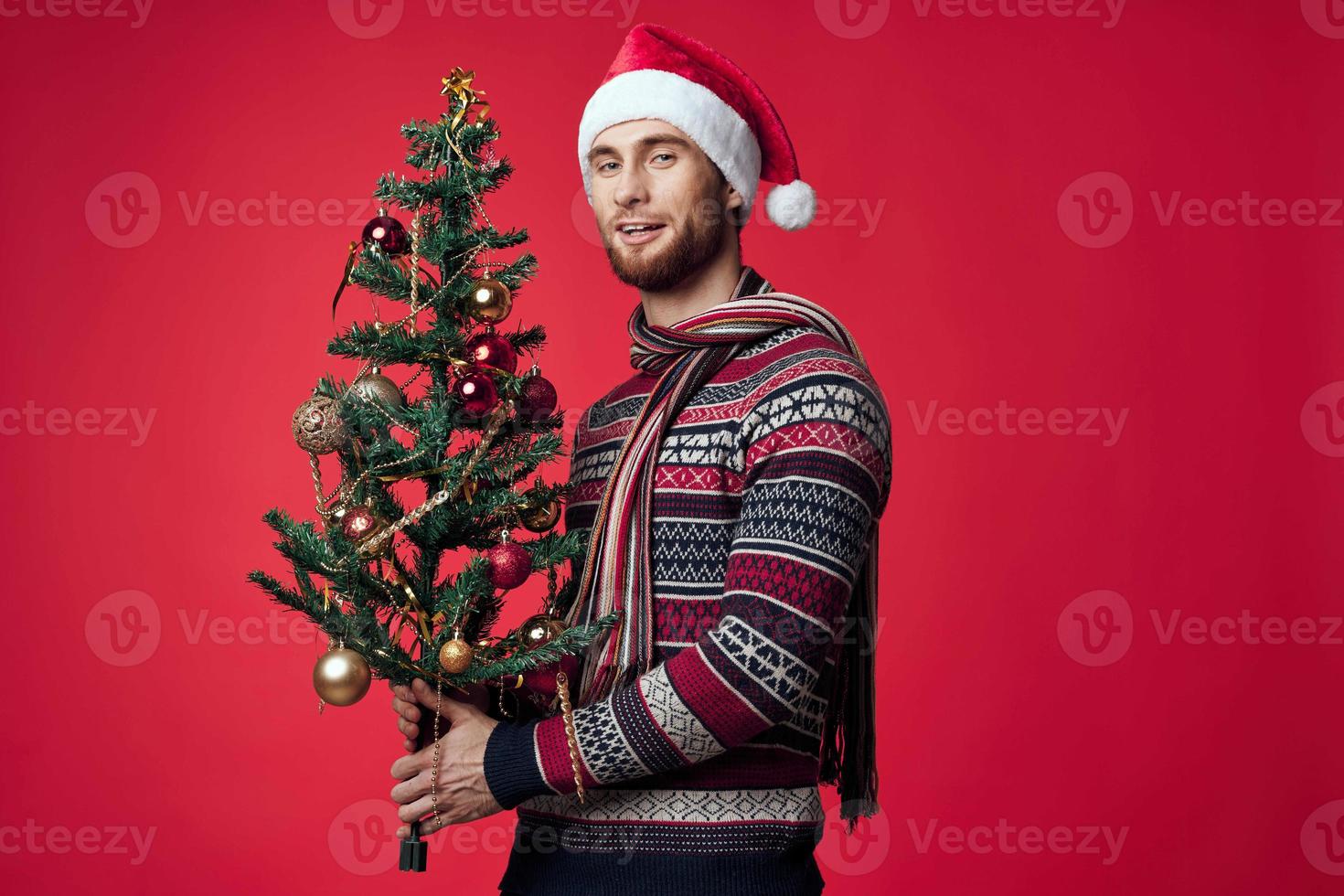 hermoso hombre con un árbol en su manos adornos fiesta divertido rojo antecedentes foto