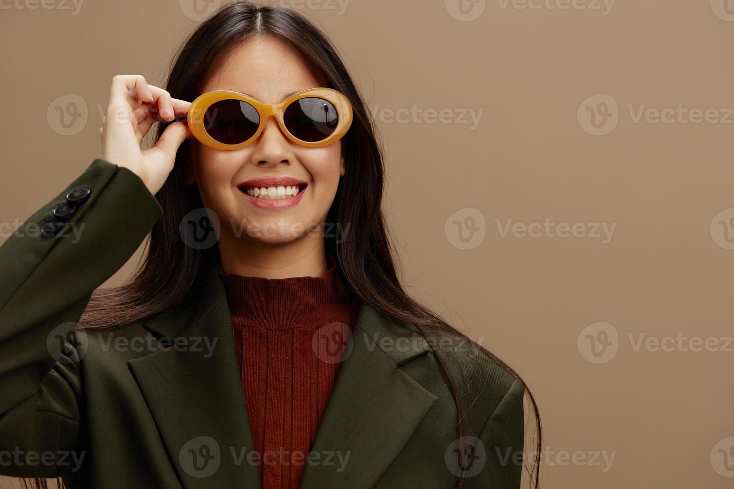 young woman jacket sunglasses elegant style fashion isolated background