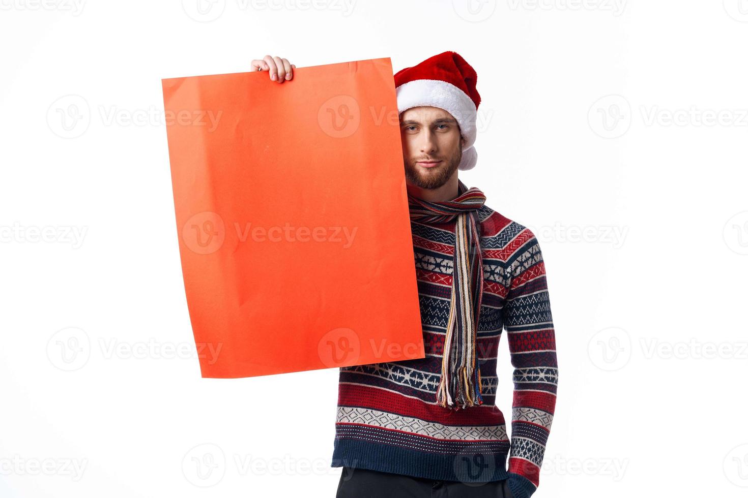 handsome man in a christmas hat with Red mockup poster copy-space studio photo
