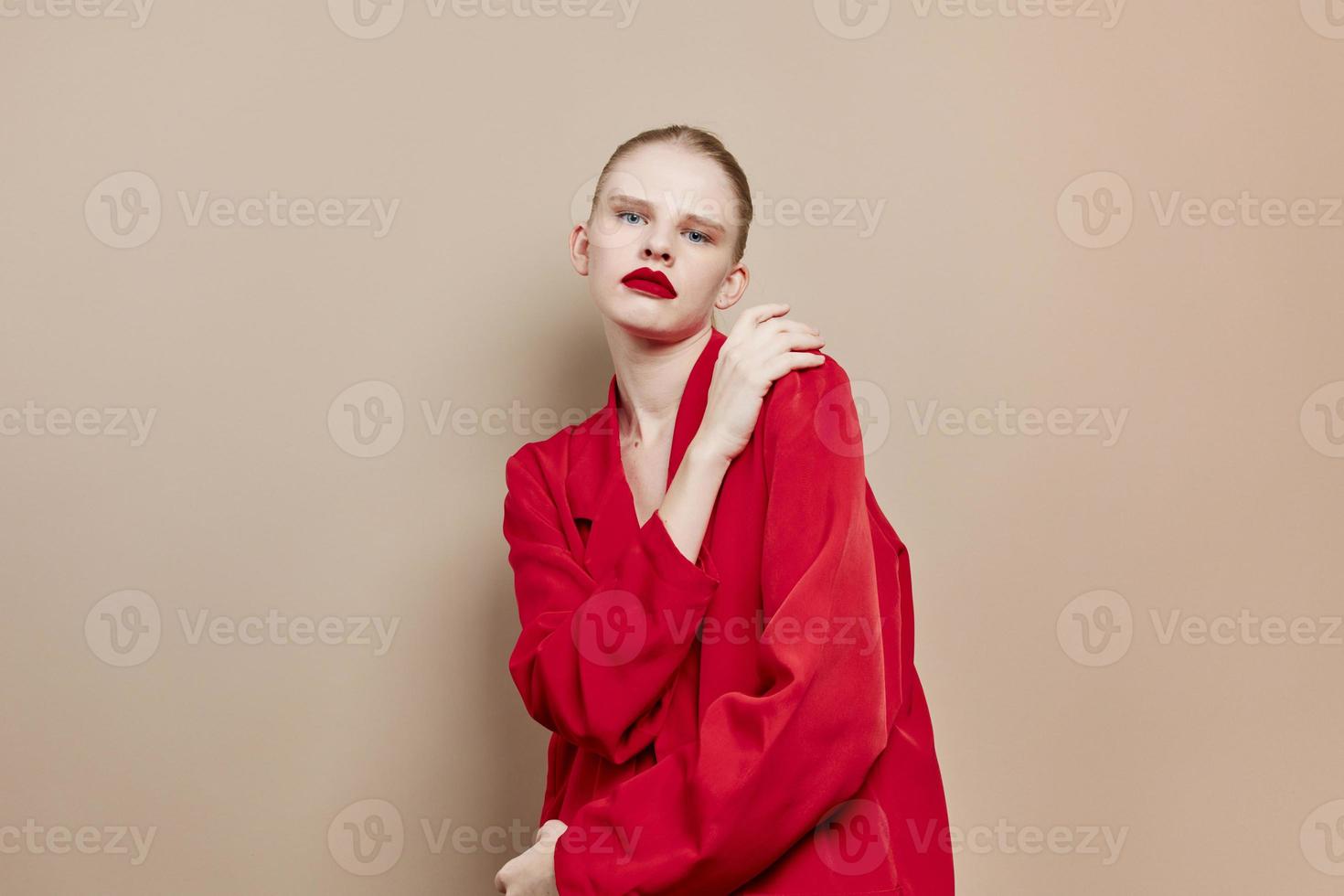 pretty woman red lips fashion jacket studio model unaltered photo