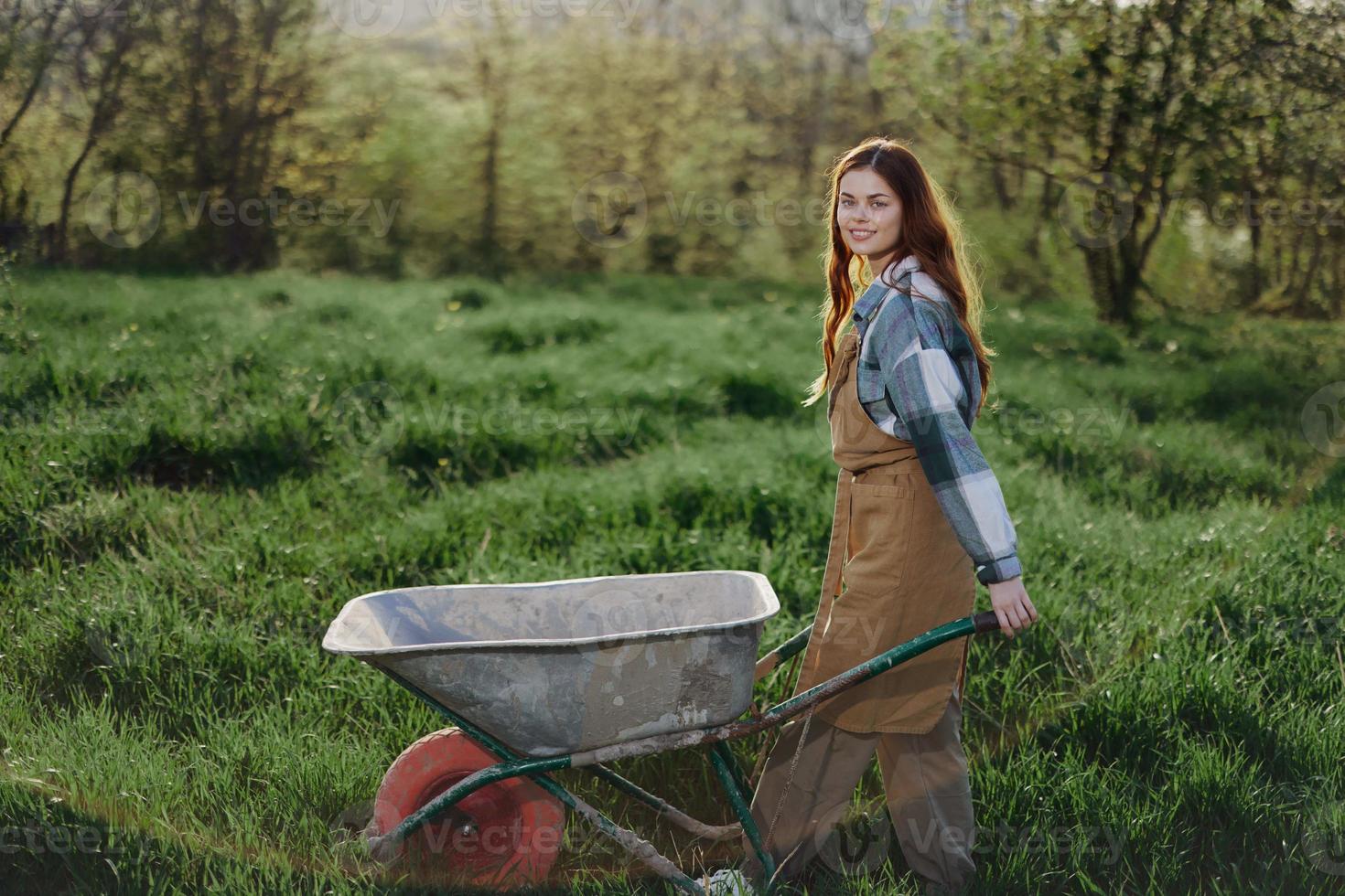 A young woman rolls a garden cart with soil for planting in her green nature garden and smiles photo