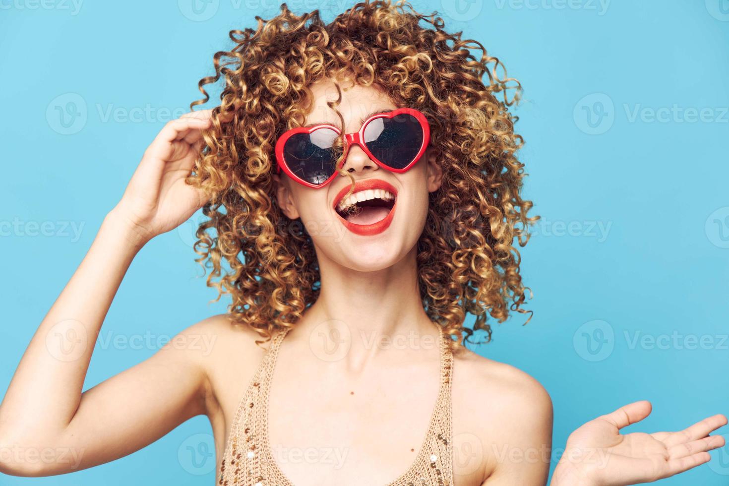 Enthusiastic lady hand gestures on an isolated background photo