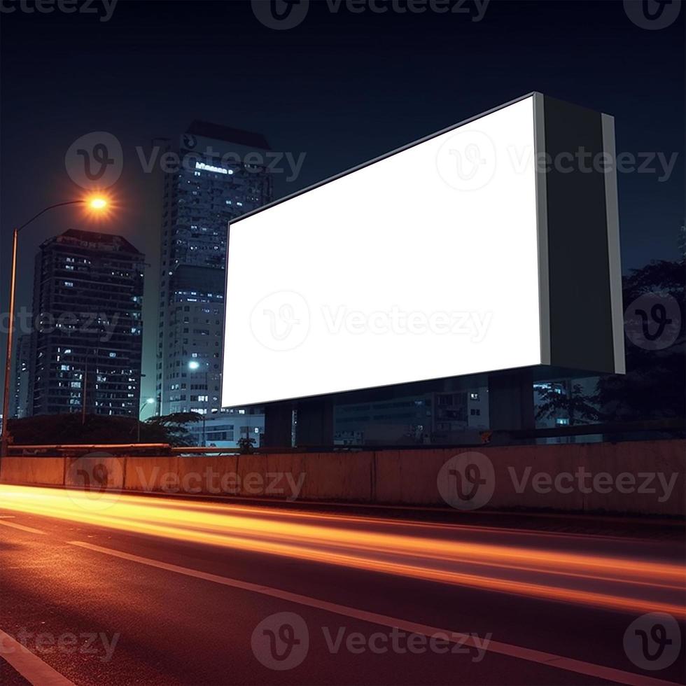 Futuristic City Mockup with Prominent Billboard Illuminated in Shades of Purple and Pink photo