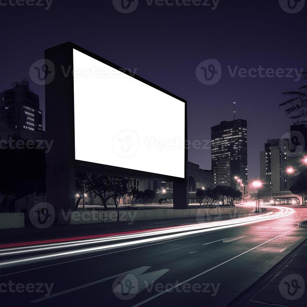 Futuristic City Mockup with Prominent Billboard Illuminated in Shades of Purple and Pink photo