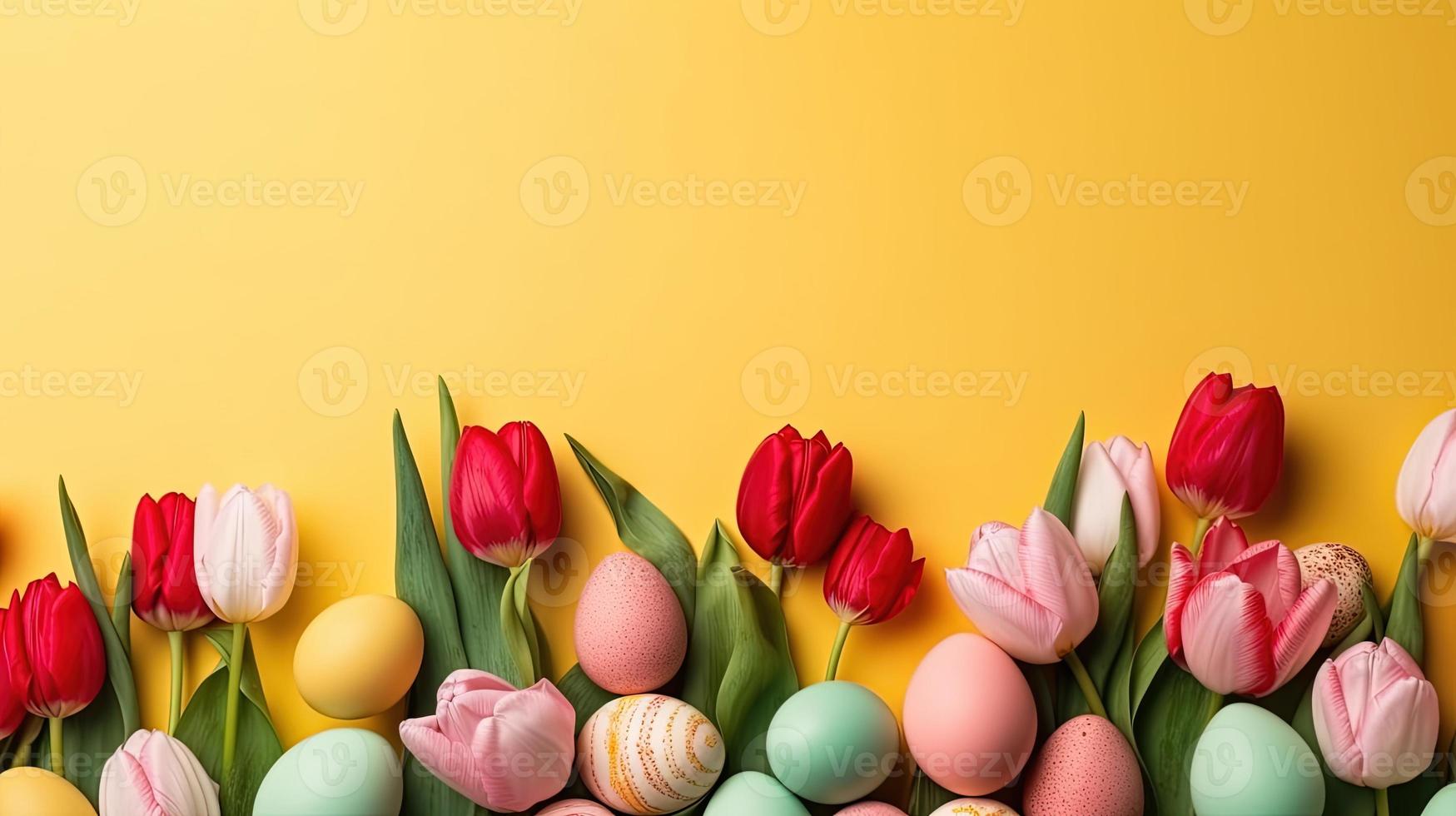 Top View of Happy Easter with tulips and decorative eggs photo