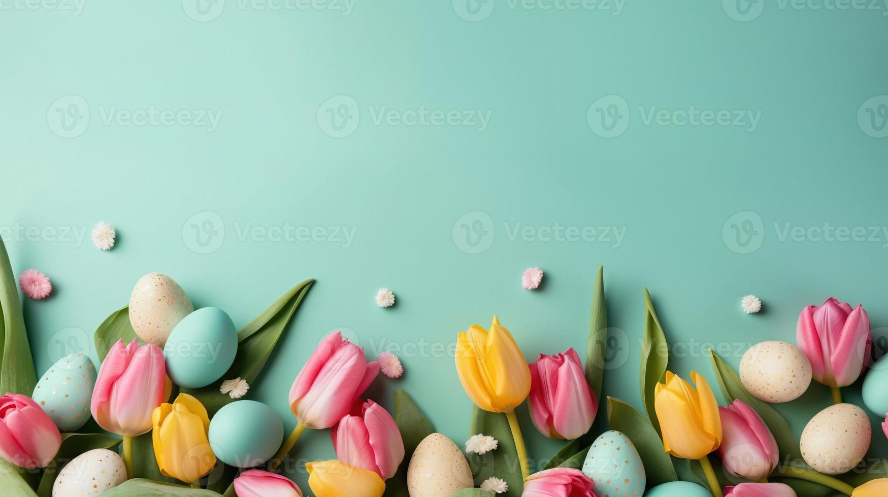 Top View of Happy Easter card background with tulips and decorative eggs in various colors photo