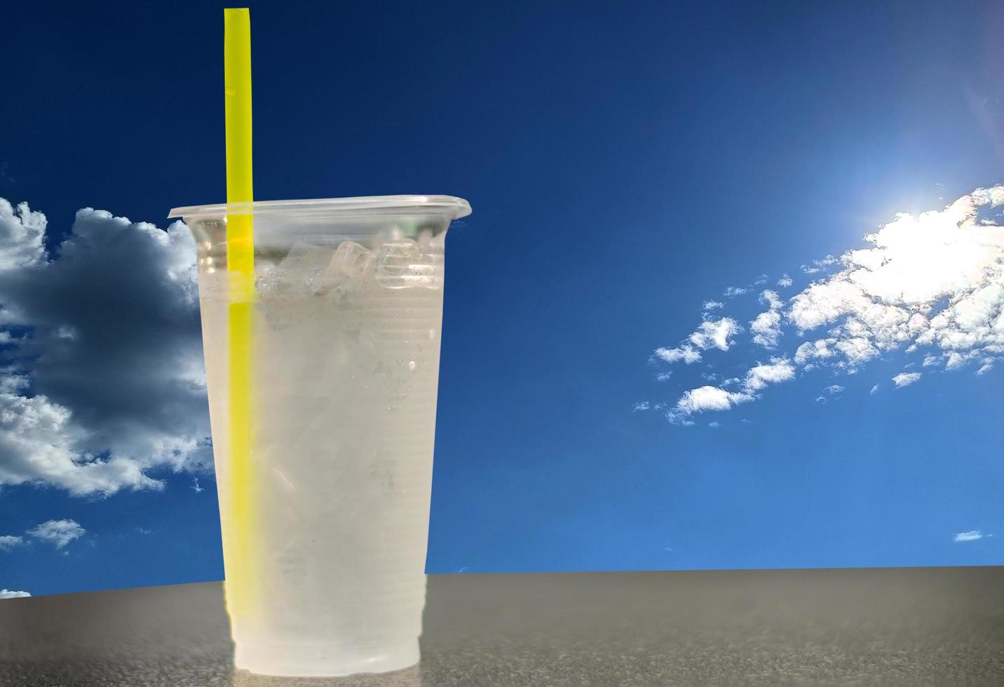 Cold drinking water in a glass help prevents Heat Stroke disease on sunshine, sky and clouds background. copy space photo