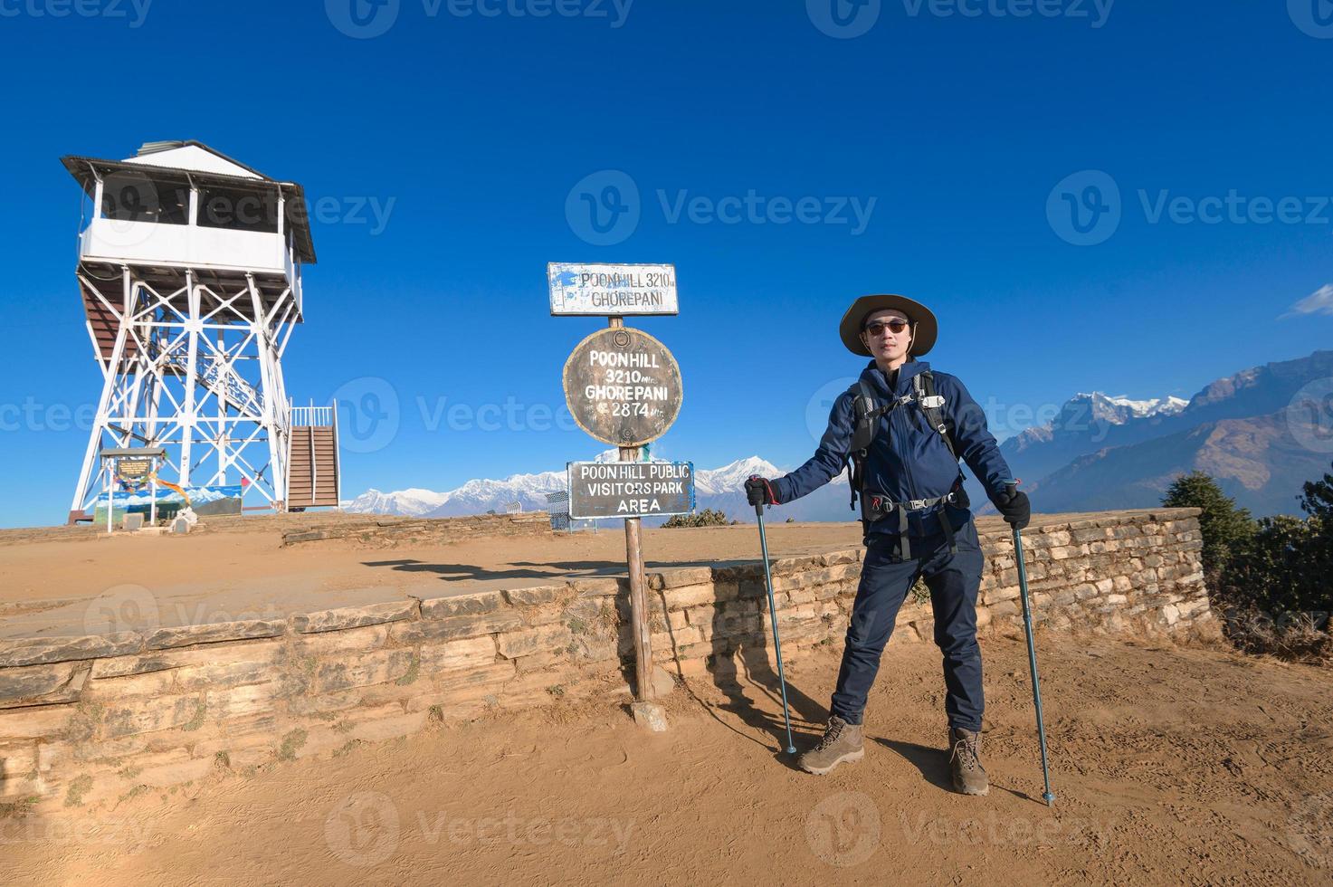 A young traveller trekking in Poon Hill view point in Ghorepani, Nepal photo