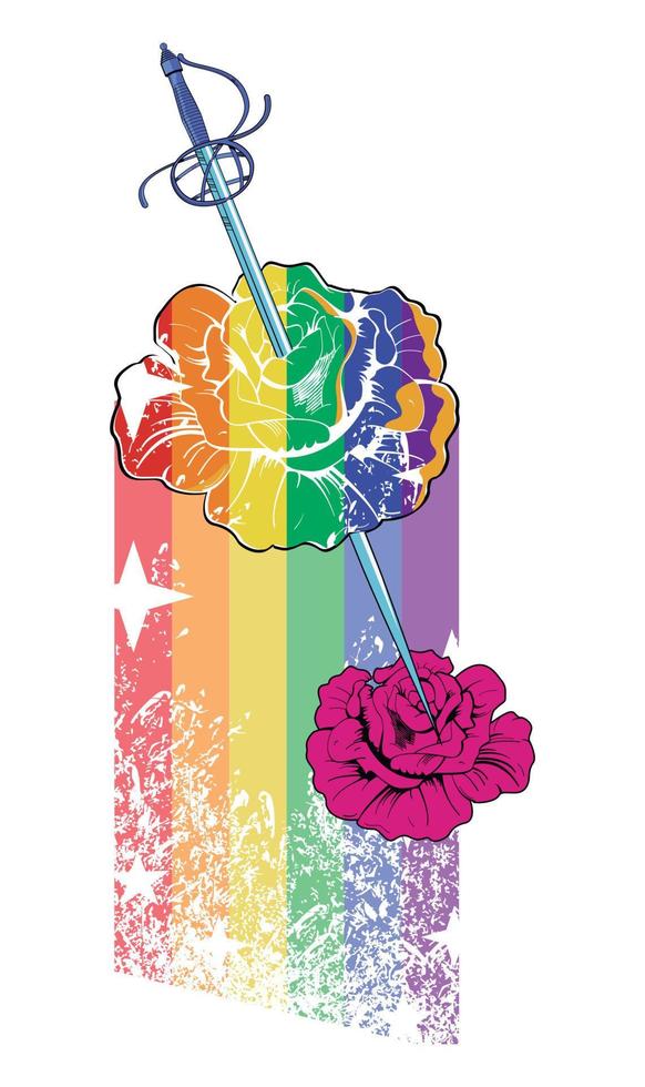 T-shirt design of a flower pierced by a sword and a rainbow in the background. Vector illustration for gay pride day.