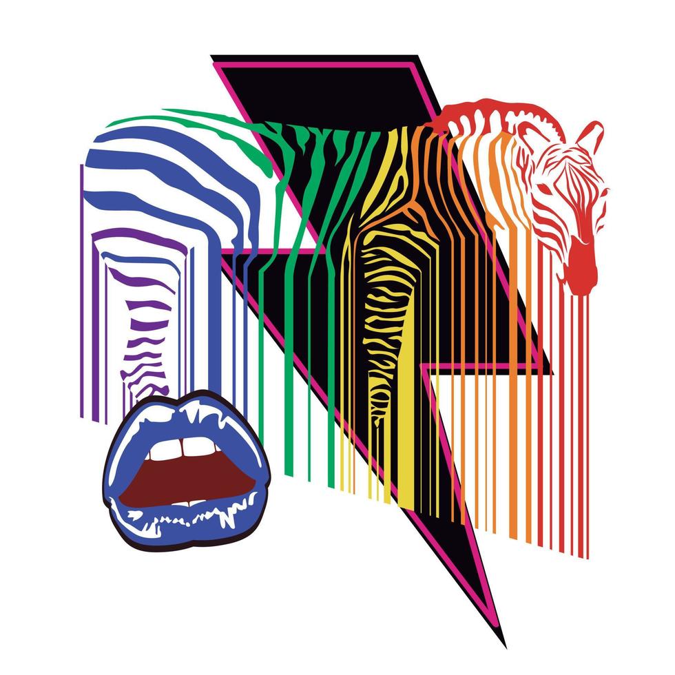 t-shirt design of a zebra, the symbol of thunder and sensual lips. vector illustration in the style of the eighties for gay pride day