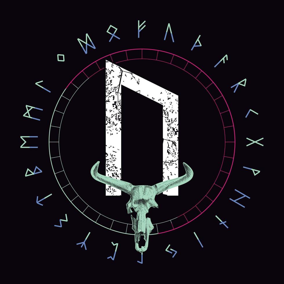 vector illustration of runic alphabet in circular design. Runic letter called Uruz next to the skeleton of an aurochs with horns