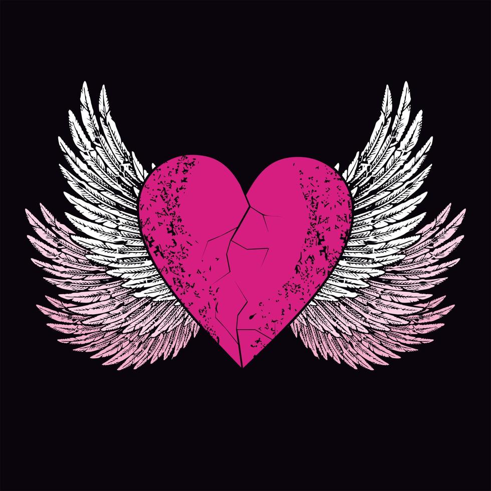 Vector design for t-shirt of a pink heart with wings isolated on black. Illustration of a broken heart flying.