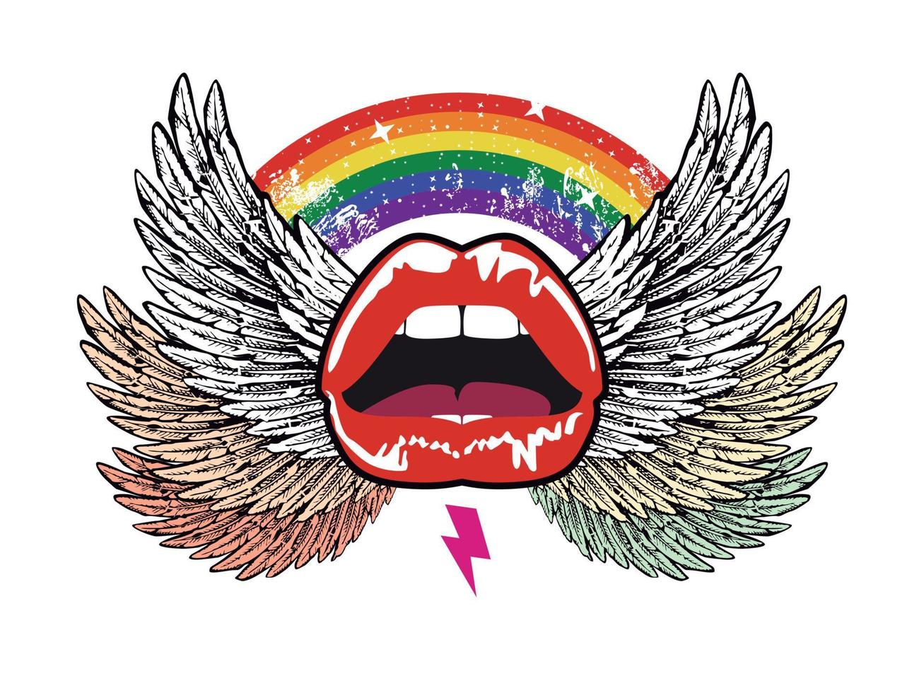 camiseta diseño de un labio con alas y un arco iris en el antecedentes. vector ilustración para gay orgullo día