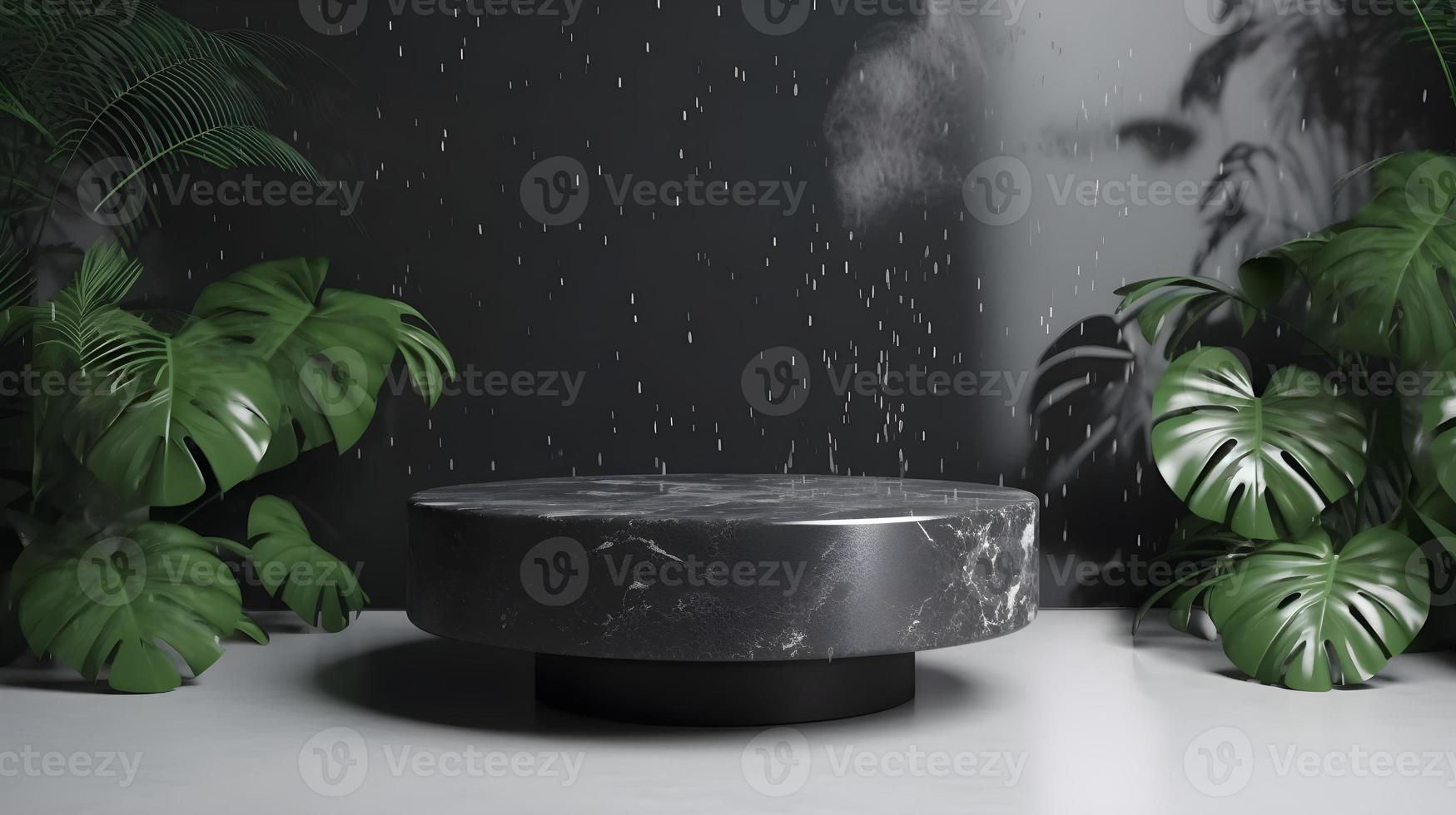 3D Black Terrazzo Rock Pedestal Podium with Cloud and Palm Monstera Leaves on Gray Abstract Studio Background for Cosmetics or Beauty Product Presentation photo