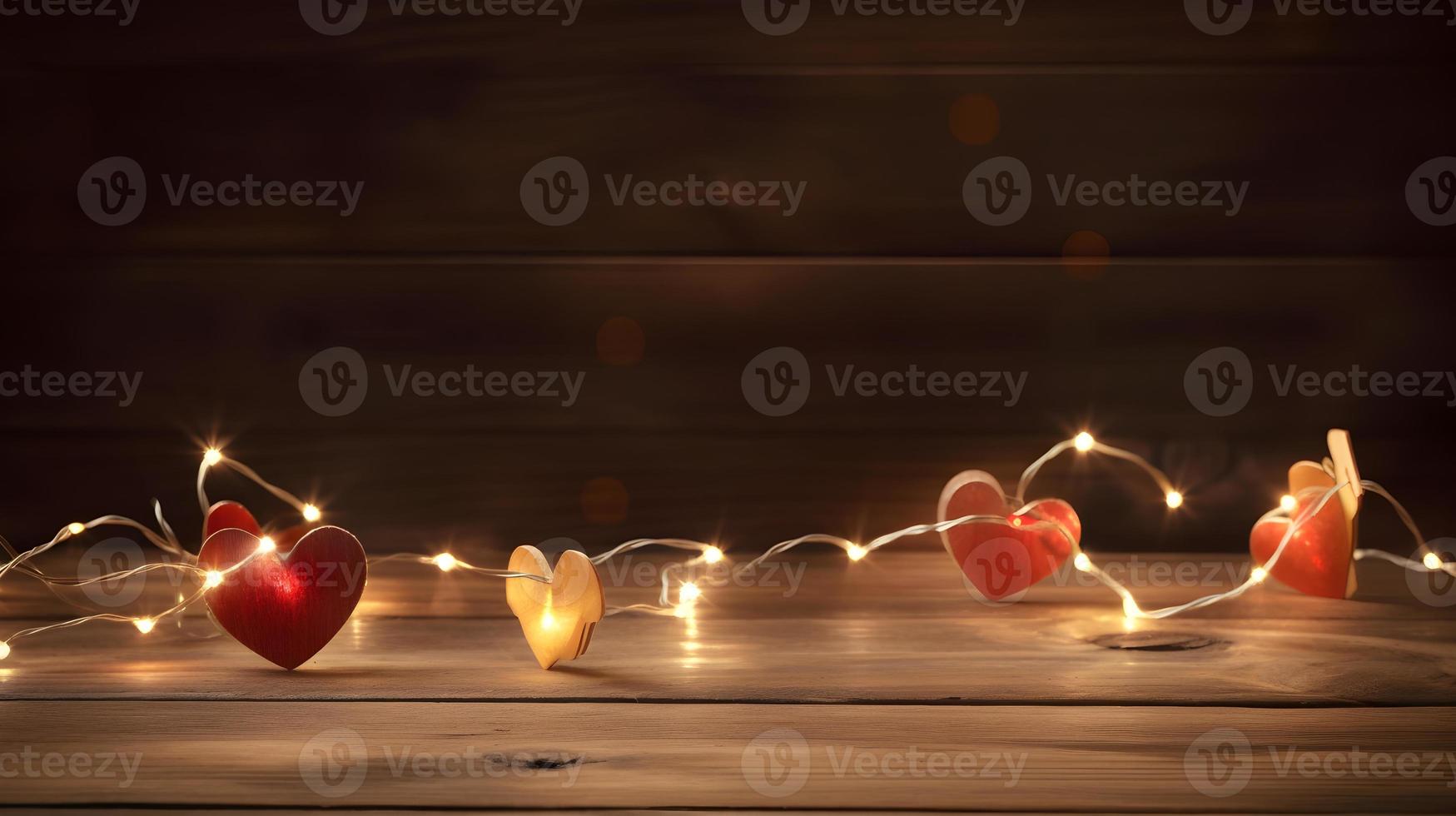 Valentine's Day Wood Texture with String Lights and Paper Hearts - Copy Space Background photo