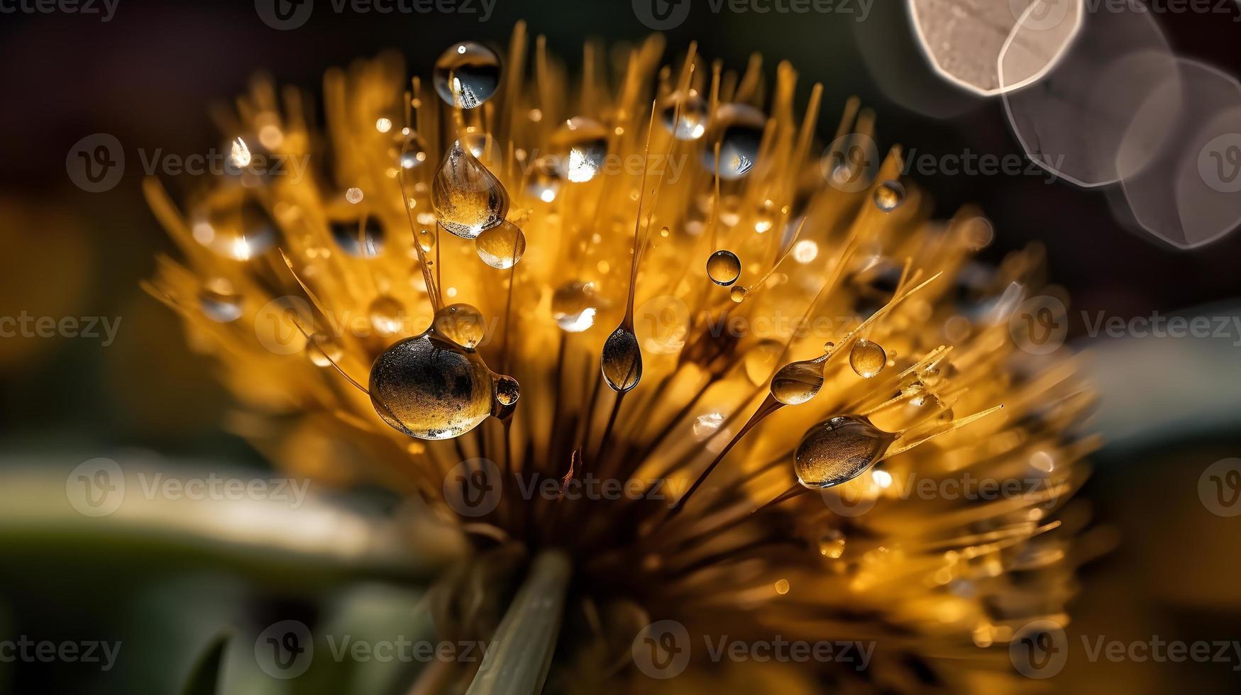 Macro Shot of Dandelion Seed with Water Drops in Yellow and Gold Tones photo