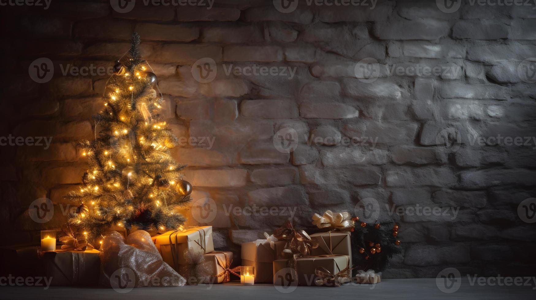 Small Christmas Tree with Lights on Old Wooden Plank against Textured Stone Wall photo