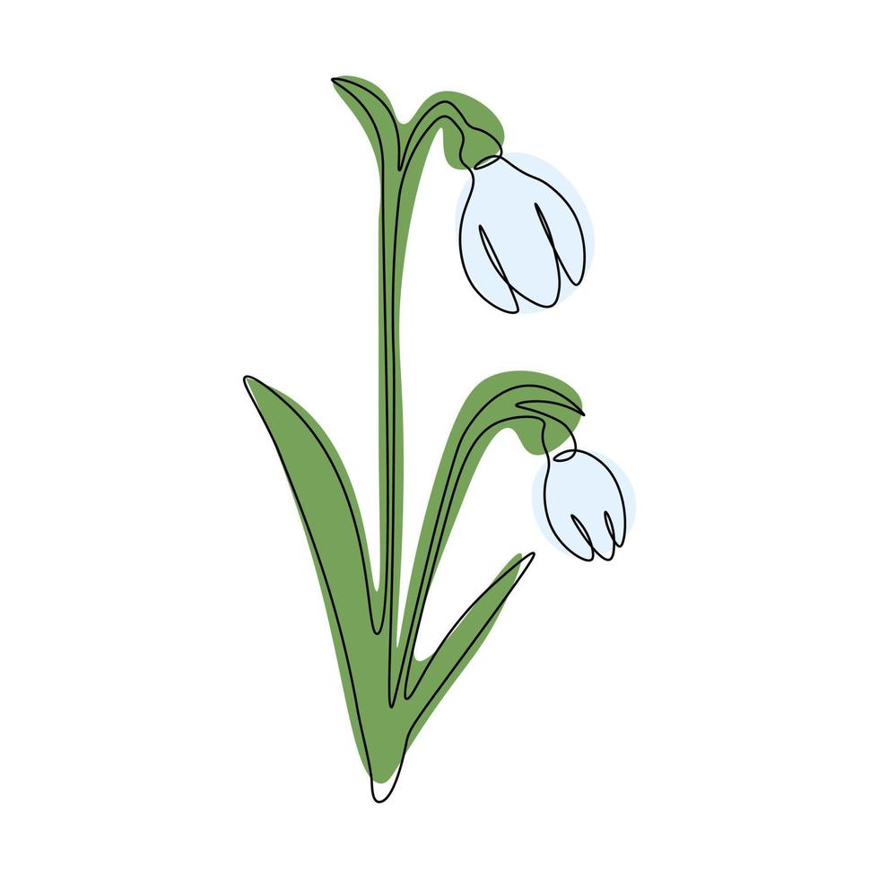 Spring snowdrop flower in continuous line art style.Gentle forest first spring flower. For design, decoration and printing vector