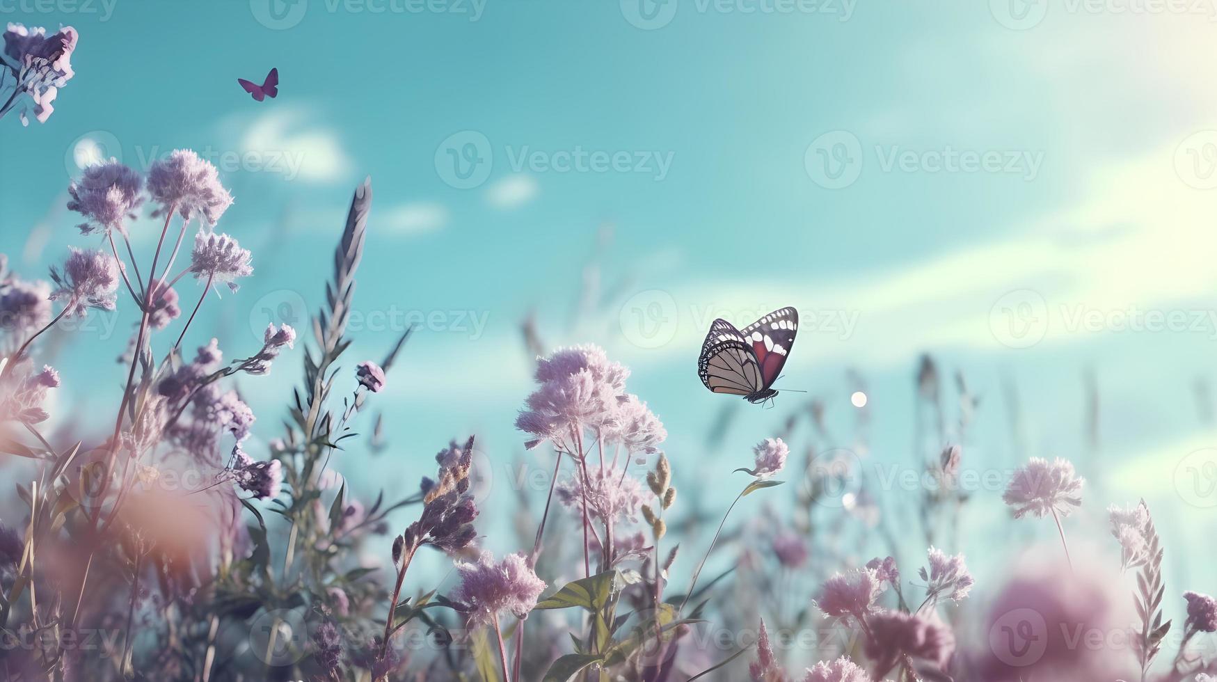 Dreamy Floral Spring Background with Lilac Flowers and Butterflies on Blue Sky photo