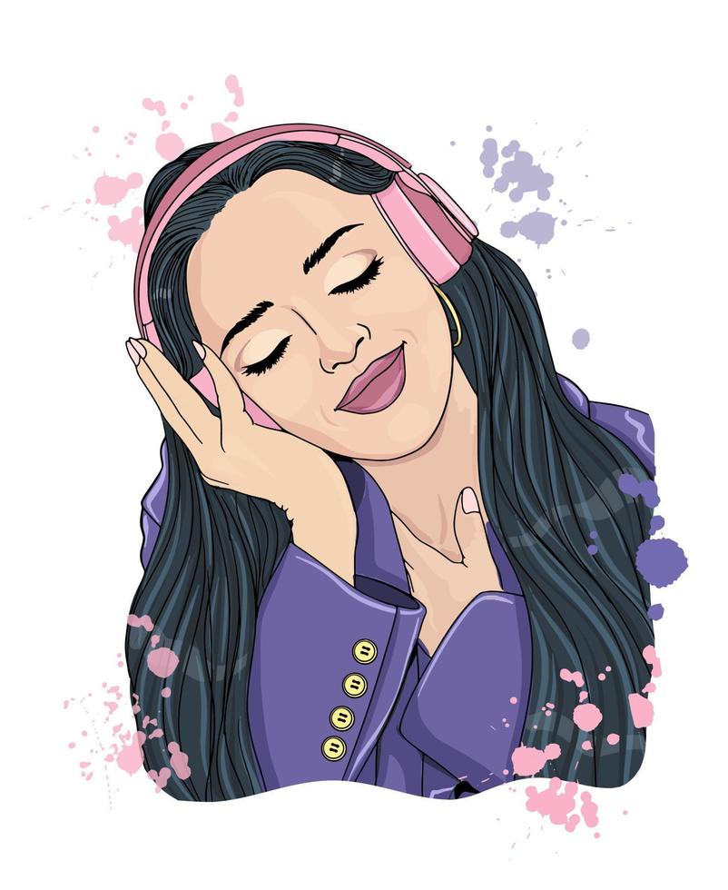 joven mujer en auriculares disfruta música. bueno estado animico concepto. dibujos animados vector ilustración