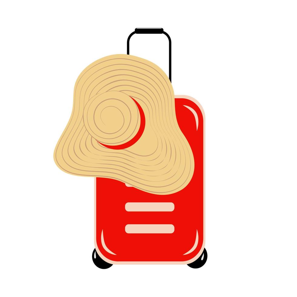 Abstract image of a travel suitcase on wheels and a wide brimmed hat on it in trendy bright shades vector