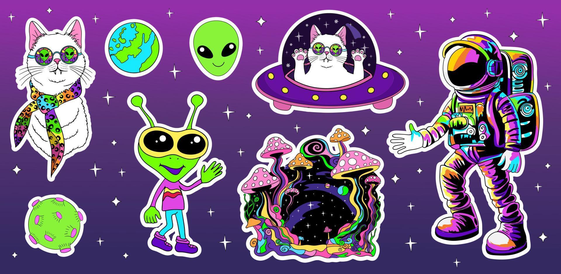 astronautas y extraterrestre en espacio, linda gato, psicodélico hongos. pegatinas dibujos animados colocar. vector