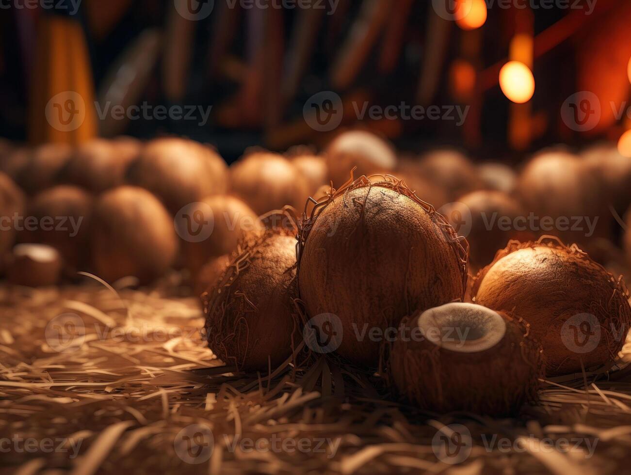 Beautiful organic background of freshly picked coconuts created with technology photo