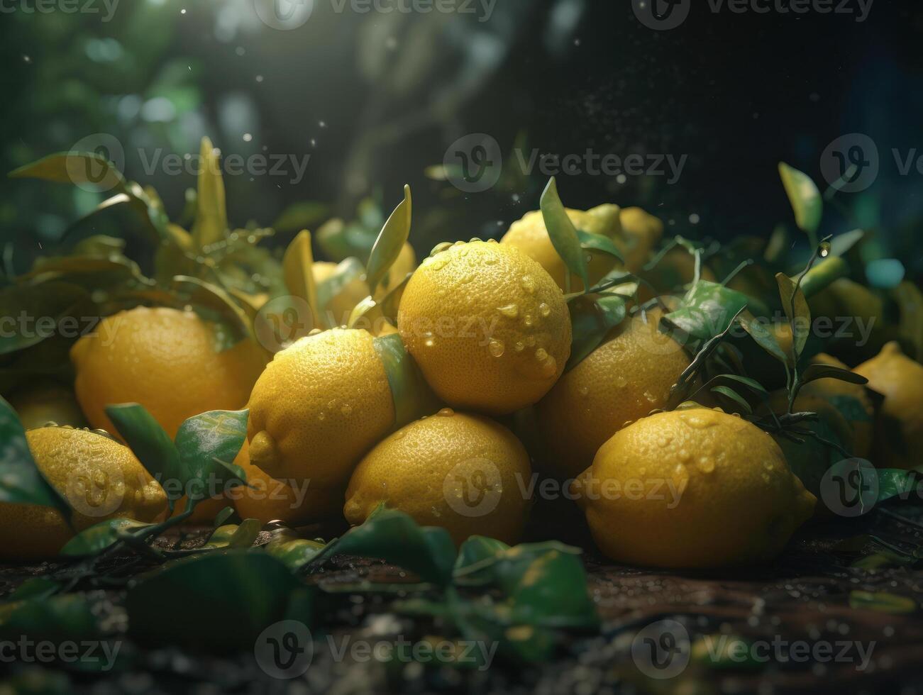 Beautiful organic background of freshly picked lemons created with technology photo