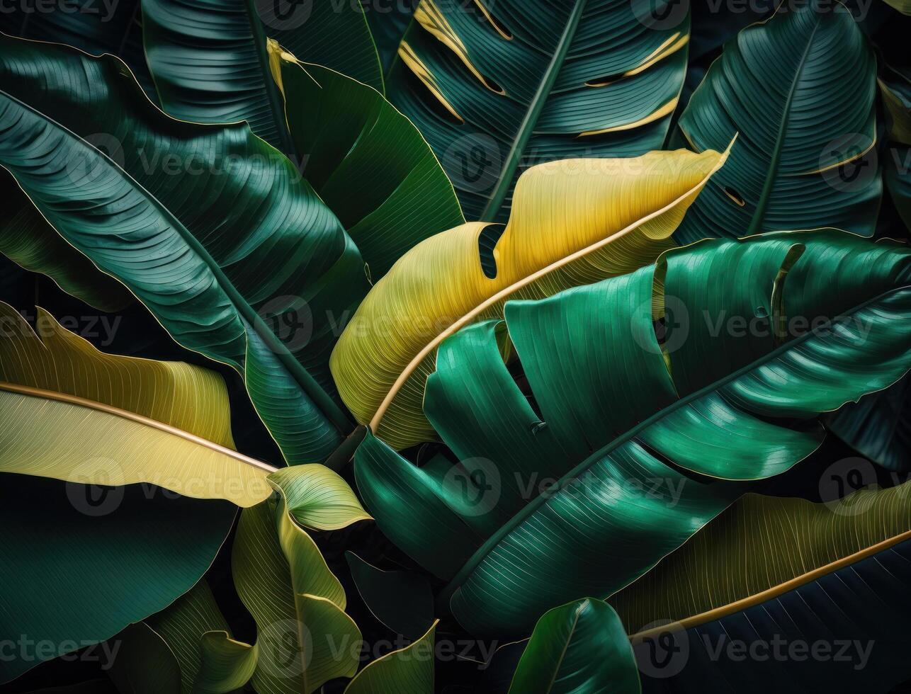 Abstract green Tropical Banana and Monstera Leaves background created with technology photo