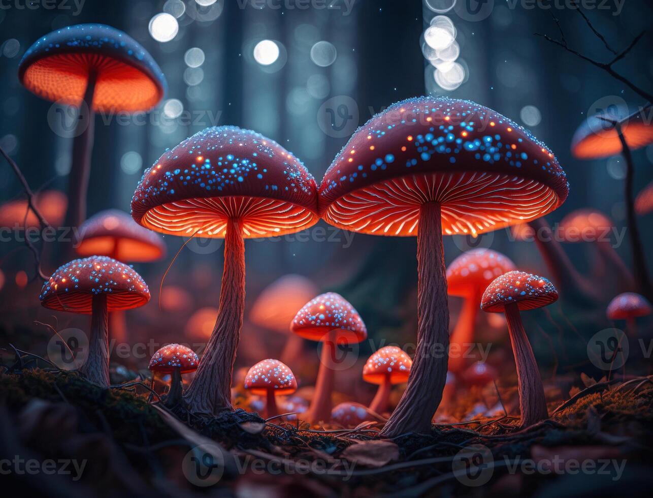 Fantasy mushroom landscape in the forest created with technology photo