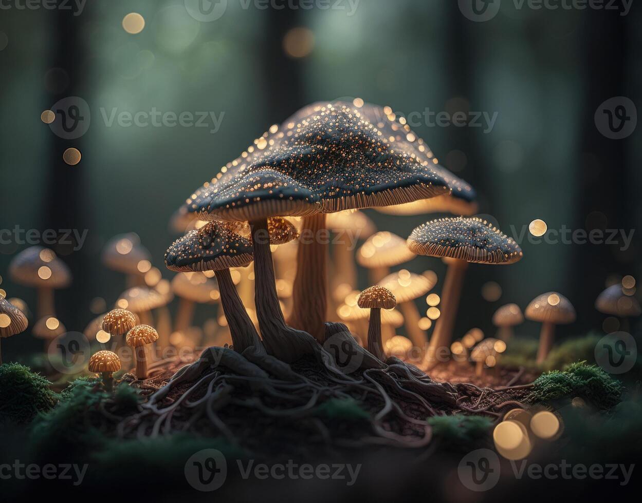 Fantasy mushroom landscape in the forest created with technology photo